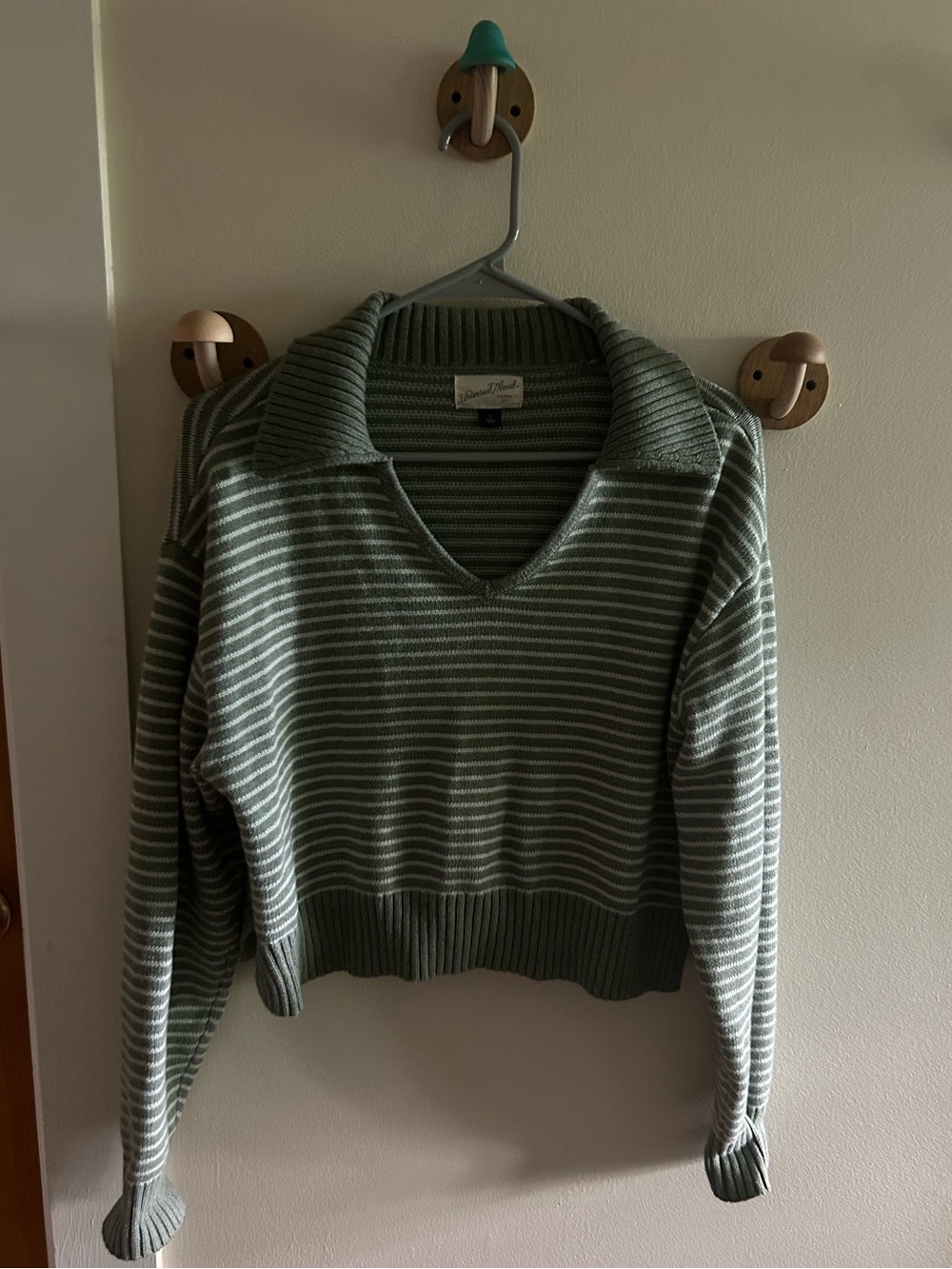 Striped Green Collared V-Neck Sweater - Women's